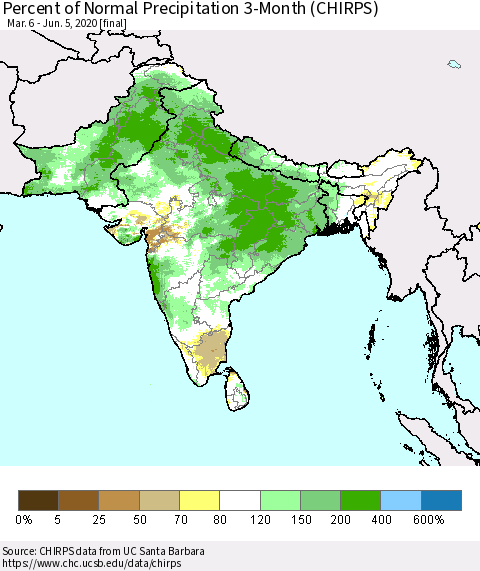 Southern Asia Percent of Normal Precipitation 3-Month (CHIRPS) Thematic Map For 3/6/2020 - 6/5/2020