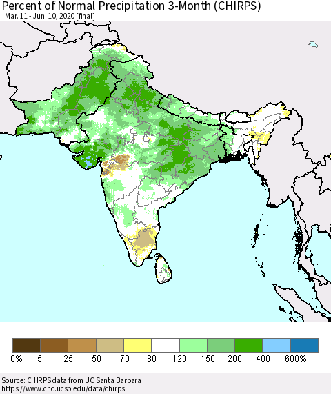 Southern Asia Percent of Normal Precipitation 3-Month (CHIRPS) Thematic Map For 3/11/2020 - 6/10/2020