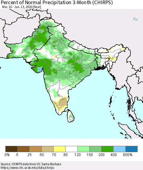 Southern Asia Percent of Normal Precipitation 3-Month (CHIRPS) Thematic Map For 3/16/2020 - 6/15/2020