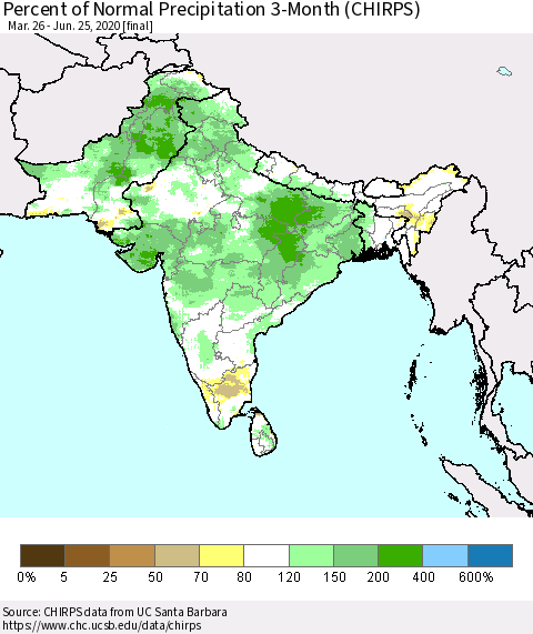 Southern Asia Percent of Normal Precipitation 3-Month (CHIRPS) Thematic Map For 3/26/2020 - 6/25/2020