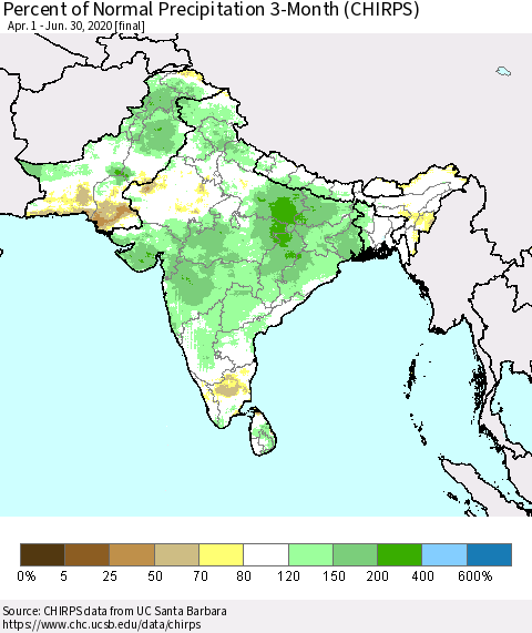 Southern Asia Percent of Normal Precipitation 3-Month (CHIRPS) Thematic Map For 4/1/2020 - 6/30/2020