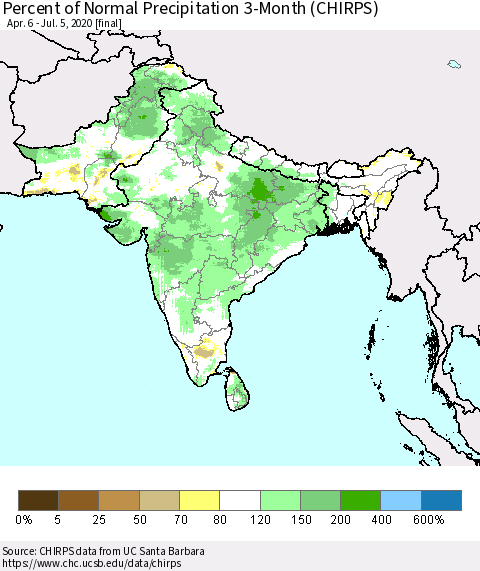 Southern Asia Percent of Normal Precipitation 3-Month (CHIRPS) Thematic Map For 4/6/2020 - 7/5/2020