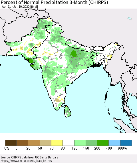 Southern Asia Percent of Normal Precipitation 3-Month (CHIRPS) Thematic Map For 4/11/2020 - 7/10/2020