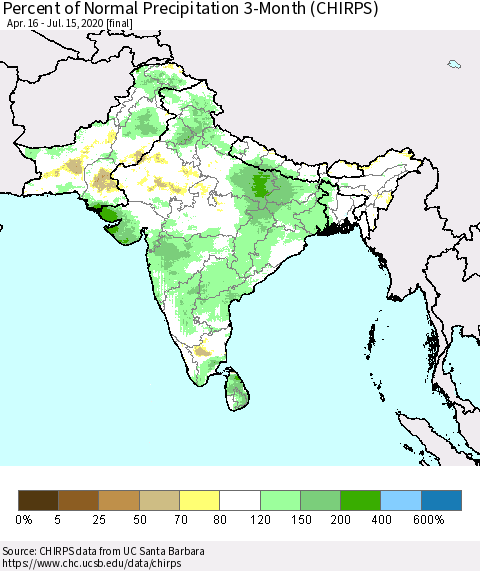 Southern Asia Percent of Normal Precipitation 3-Month (CHIRPS) Thematic Map For 4/16/2020 - 7/15/2020