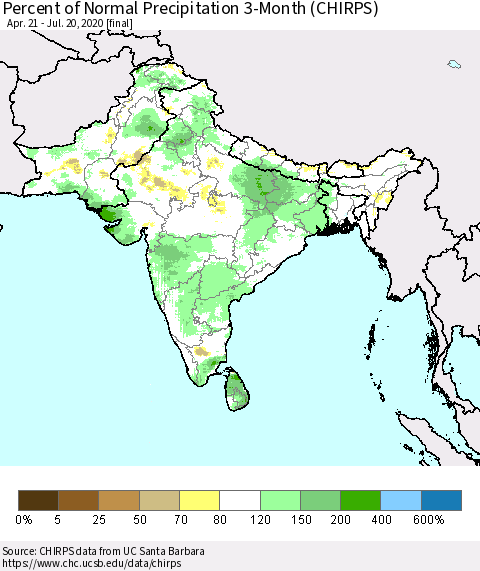 Southern Asia Percent of Normal Precipitation 3-Month (CHIRPS) Thematic Map For 4/21/2020 - 7/20/2020