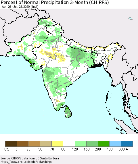 Southern Asia Percent of Normal Precipitation 3-Month (CHIRPS) Thematic Map For 4/26/2020 - 7/25/2020