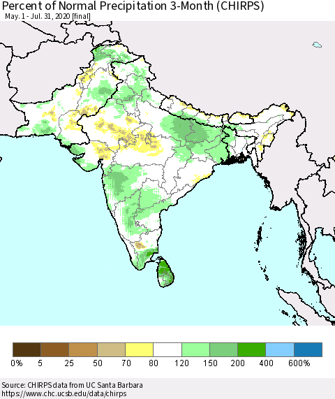 Southern Asia Percent of Normal Precipitation 3-Month (CHIRPS) Thematic Map For 5/1/2020 - 7/31/2020