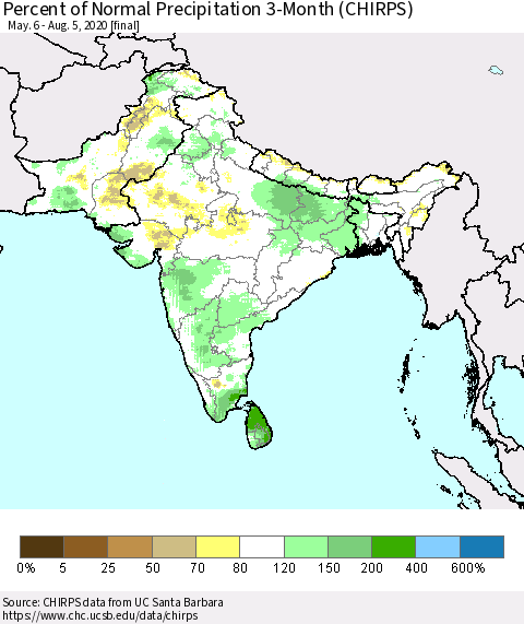 Southern Asia Percent of Normal Precipitation 3-Month (CHIRPS) Thematic Map For 5/6/2020 - 8/5/2020