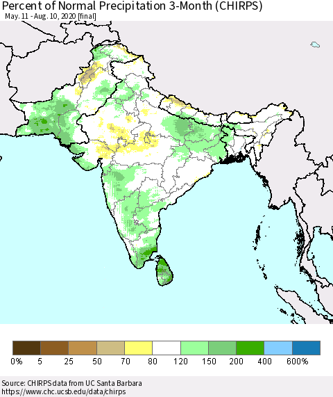 Southern Asia Percent of Normal Precipitation 3-Month (CHIRPS) Thematic Map For 5/11/2020 - 8/10/2020