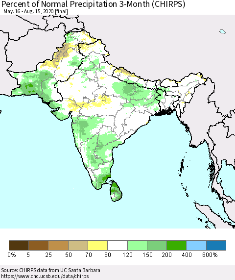 Southern Asia Percent of Normal Precipitation 3-Month (CHIRPS) Thematic Map For 5/16/2020 - 8/15/2020