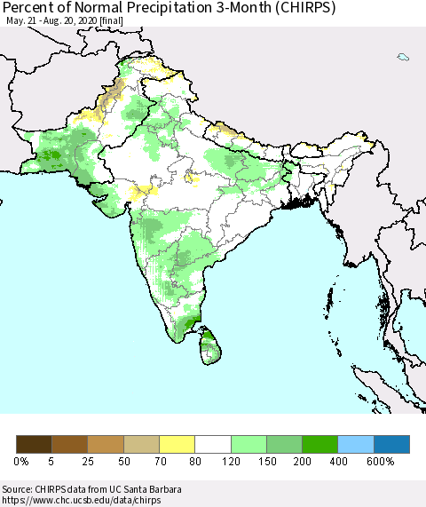 Southern Asia Percent of Normal Precipitation 3-Month (CHIRPS) Thematic Map For 5/21/2020 - 8/20/2020