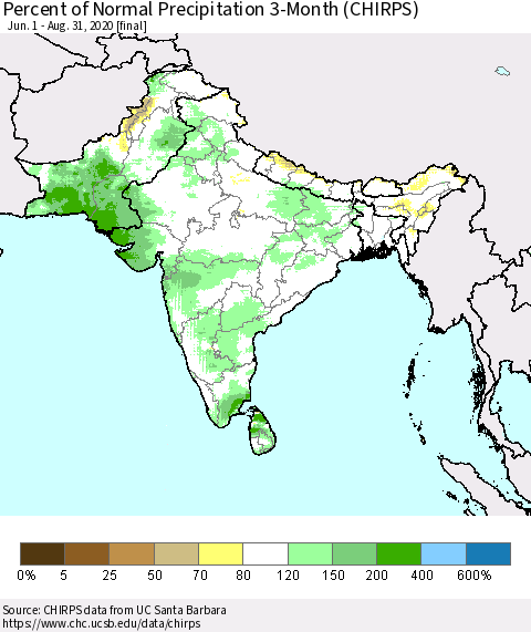 Southern Asia Percent of Normal Precipitation 3-Month (CHIRPS) Thematic Map For 6/1/2020 - 8/31/2020