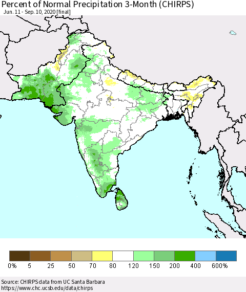 Southern Asia Percent of Normal Precipitation 3-Month (CHIRPS) Thematic Map For 6/11/2020 - 9/10/2020