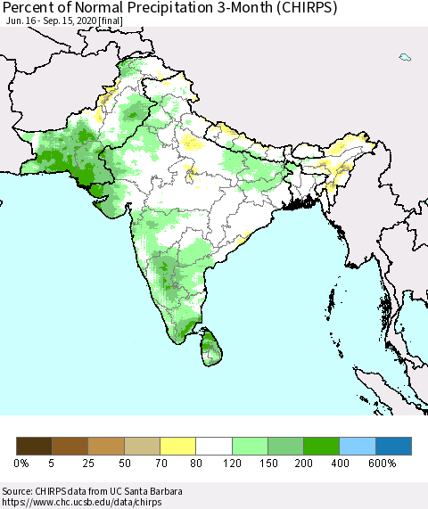 Southern Asia Percent of Normal Precipitation 3-Month (CHIRPS) Thematic Map For 6/16/2020 - 9/15/2020
