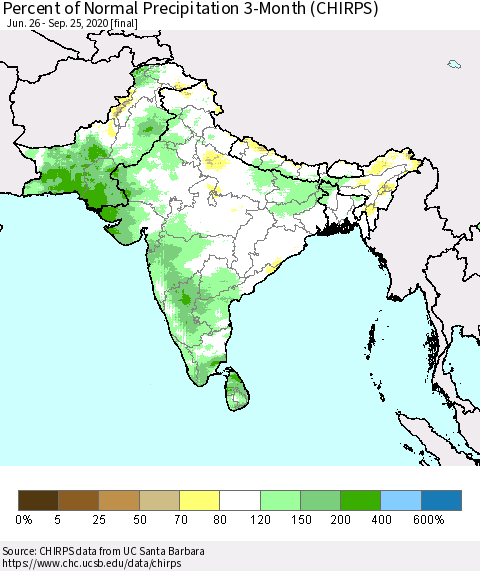 Southern Asia Percent of Normal Precipitation 3-Month (CHIRPS) Thematic Map For 6/26/2020 - 9/25/2020