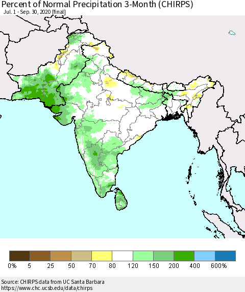 Southern Asia Percent of Normal Precipitation 3-Month (CHIRPS) Thematic Map For 7/1/2020 - 9/30/2020