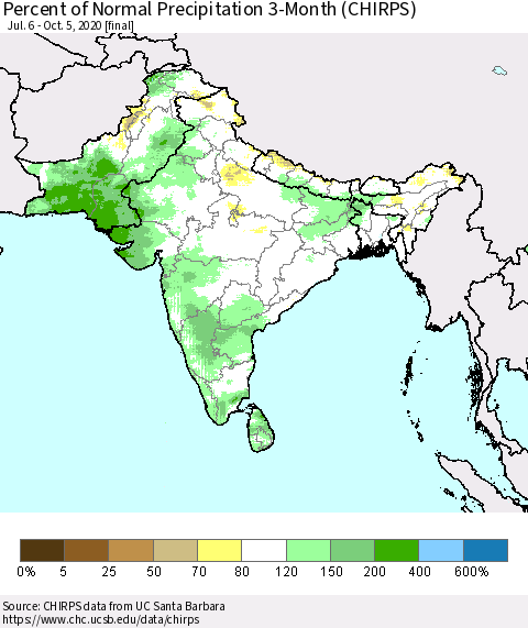 Southern Asia Percent of Normal Precipitation 3-Month (CHIRPS) Thematic Map For 7/6/2020 - 10/5/2020