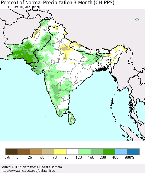 Southern Asia Percent of Normal Precipitation 3-Month (CHIRPS) Thematic Map For 7/11/2020 - 10/10/2020
