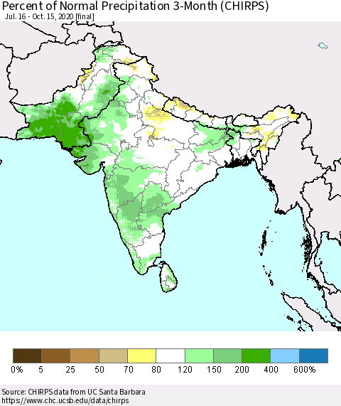 Southern Asia Percent of Normal Precipitation 3-Month (CHIRPS) Thematic Map For 7/16/2020 - 10/15/2020