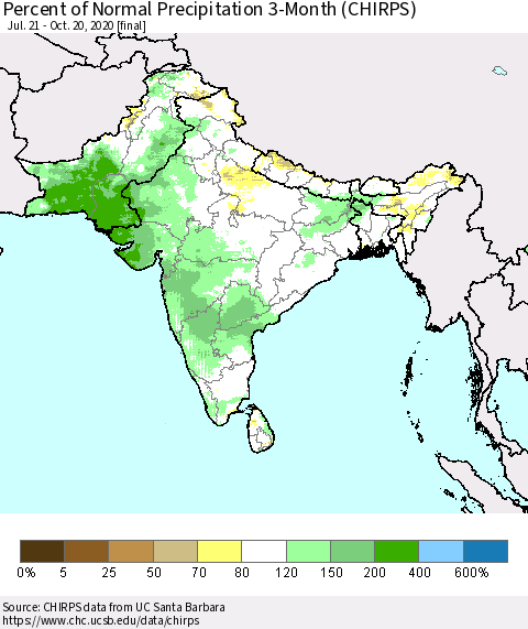 Southern Asia Percent of Normal Precipitation 3-Month (CHIRPS) Thematic Map For 7/21/2020 - 10/20/2020