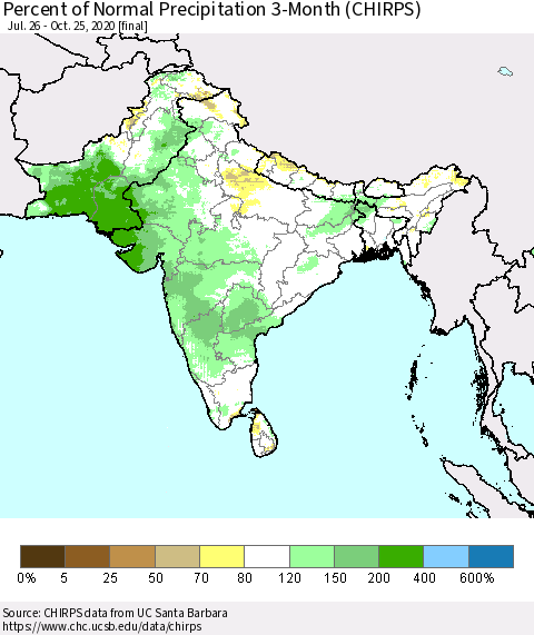 Southern Asia Percent of Normal Precipitation 3-Month (CHIRPS) Thematic Map For 7/26/2020 - 10/25/2020