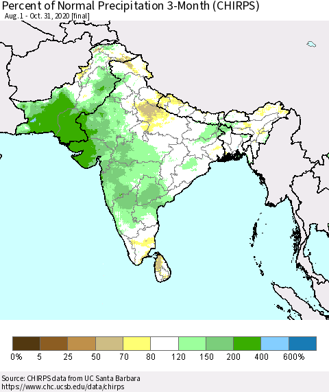 Southern Asia Percent of Normal Precipitation 3-Month (CHIRPS) Thematic Map For 8/1/2020 - 10/31/2020