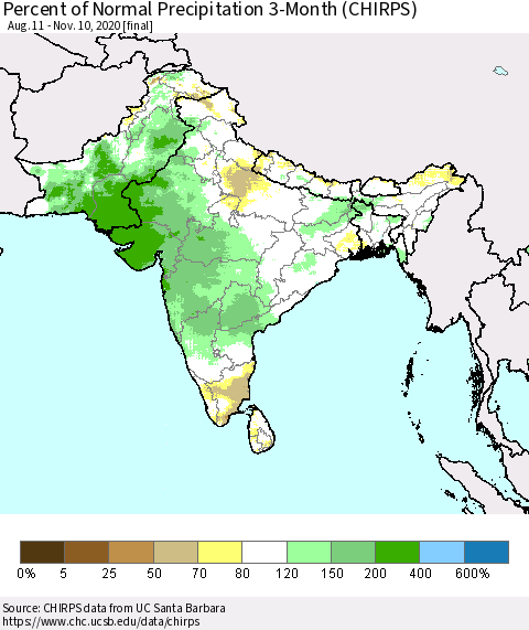 Southern Asia Percent of Normal Precipitation 3-Month (CHIRPS) Thematic Map For 8/11/2020 - 11/10/2020
