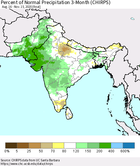 Southern Asia Percent of Normal Precipitation 3-Month (CHIRPS) Thematic Map For 8/16/2020 - 11/15/2020