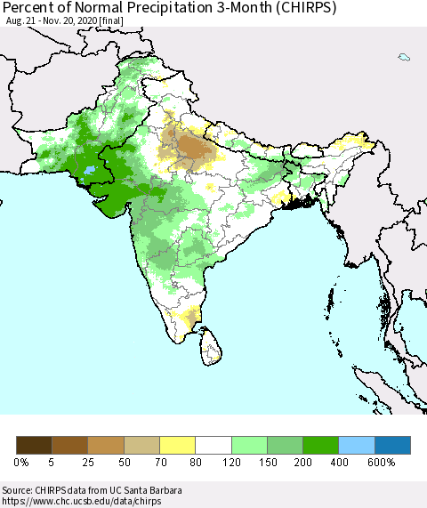 Southern Asia Percent of Normal Precipitation 3-Month (CHIRPS) Thematic Map For 8/21/2020 - 11/20/2020