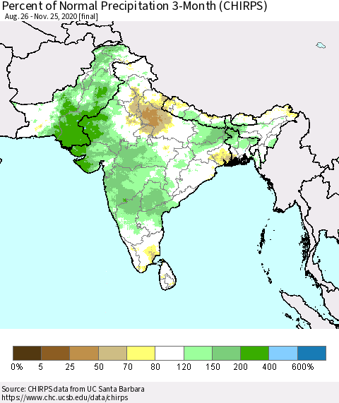 Southern Asia Percent of Normal Precipitation 3-Month (CHIRPS) Thematic Map For 8/26/2020 - 11/25/2020