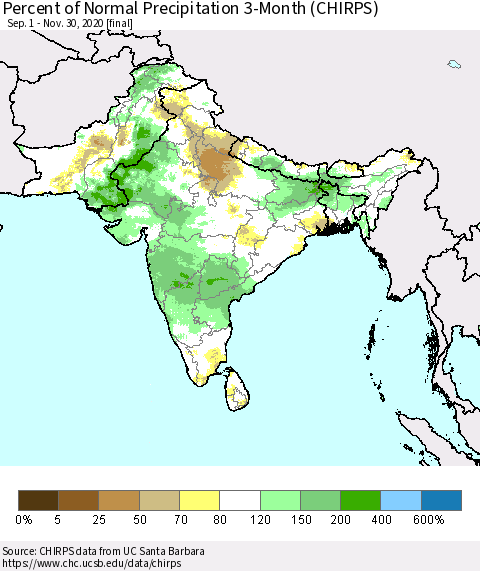 Southern Asia Percent of Normal Precipitation 3-Month (CHIRPS) Thematic Map For 9/1/2020 - 11/30/2020