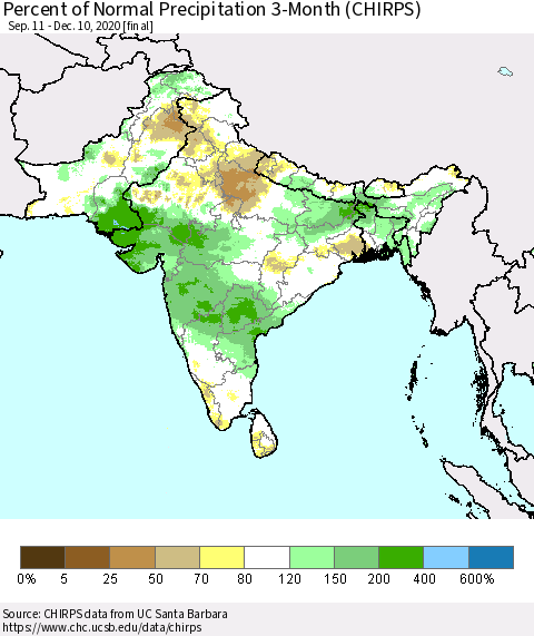 Southern Asia Percent of Normal Precipitation 3-Month (CHIRPS) Thematic Map For 9/11/2020 - 12/10/2020