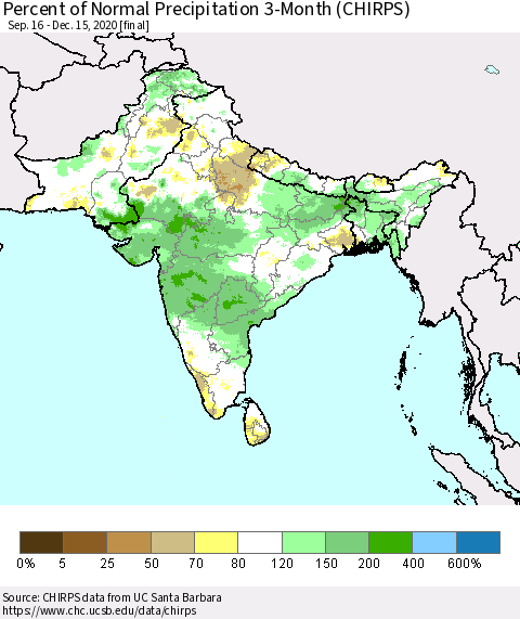 Southern Asia Percent of Normal Precipitation 3-Month (CHIRPS) Thematic Map For 9/16/2020 - 12/15/2020