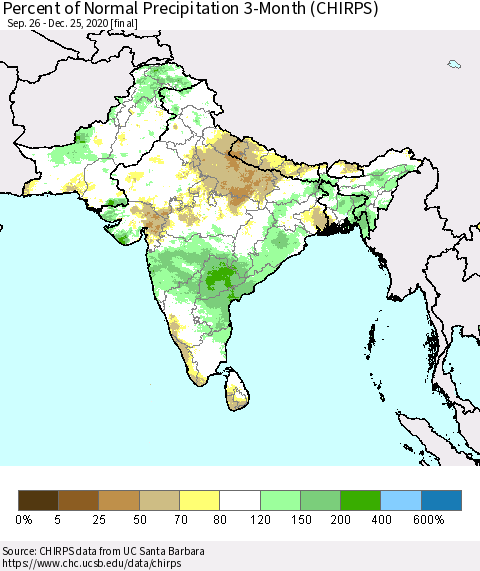 Southern Asia Percent of Normal Precipitation 3-Month (CHIRPS) Thematic Map For 9/26/2020 - 12/25/2020