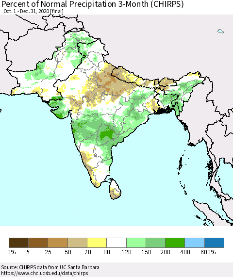 Southern Asia Percent of Normal Precipitation 3-Month (CHIRPS) Thematic Map For 10/1/2020 - 12/31/2020