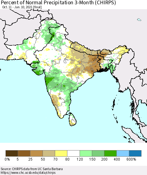 Southern Asia Percent of Normal Precipitation 3-Month (CHIRPS) Thematic Map For 10/11/2020 - 1/10/2021