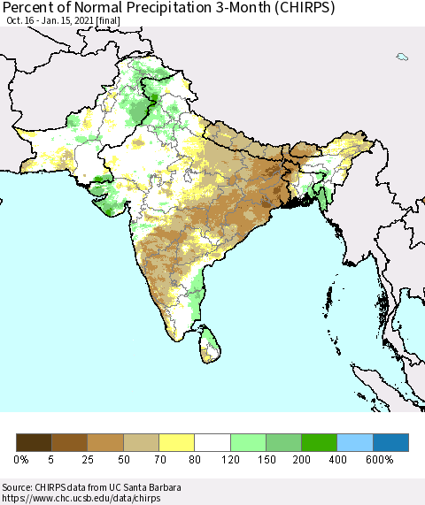 Southern Asia Percent of Normal Precipitation 3-Month (CHIRPS) Thematic Map For 10/16/2020 - 1/15/2021