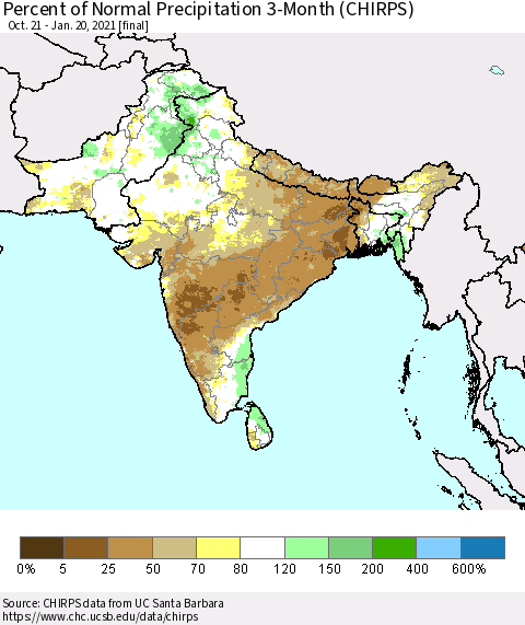 Southern Asia Percent of Normal Precipitation 3-Month (CHIRPS) Thematic Map For 10/21/2020 - 1/20/2021