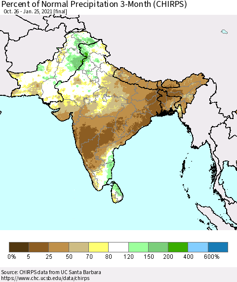 Southern Asia Percent of Normal Precipitation 3-Month (CHIRPS) Thematic Map For 10/26/2020 - 1/25/2021