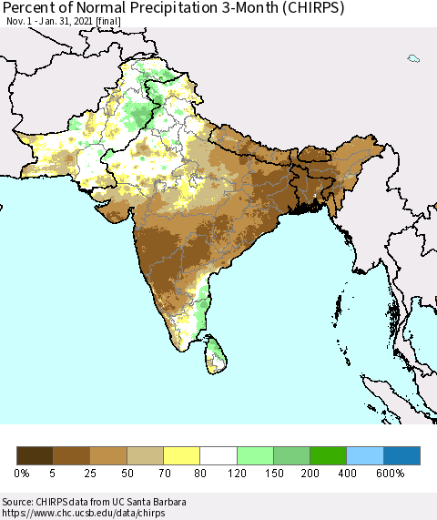 Southern Asia Percent of Normal Precipitation 3-Month (CHIRPS) Thematic Map For 11/1/2020 - 1/31/2021