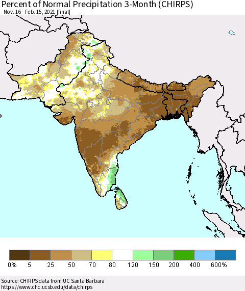 Southern Asia Percent of Normal Precipitation 3-Month (CHIRPS) Thematic Map For 11/16/2020 - 2/15/2021