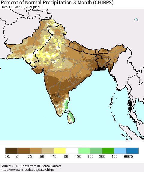 Southern Asia Percent of Normal Precipitation 3-Month (CHIRPS) Thematic Map For 12/11/2020 - 3/10/2021