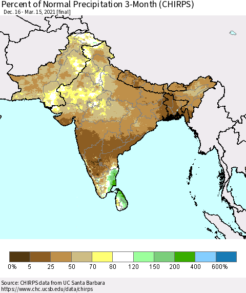 Southern Asia Percent of Normal Precipitation 3-Month (CHIRPS) Thematic Map For 12/16/2020 - 3/15/2021