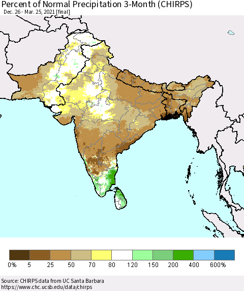 Southern Asia Percent of Normal Precipitation 3-Month (CHIRPS) Thematic Map For 12/26/2020 - 3/25/2021