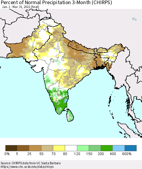 Southern Asia Percent of Normal Precipitation 3-Month (CHIRPS) Thematic Map For 1/1/2021 - 3/31/2021
