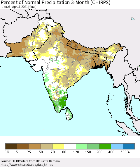 Southern Asia Percent of Normal Precipitation 3-Month (CHIRPS) Thematic Map For 1/6/2021 - 4/5/2021