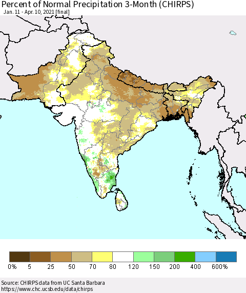 Southern Asia Percent of Normal Precipitation 3-Month (CHIRPS) Thematic Map For 1/11/2021 - 4/10/2021