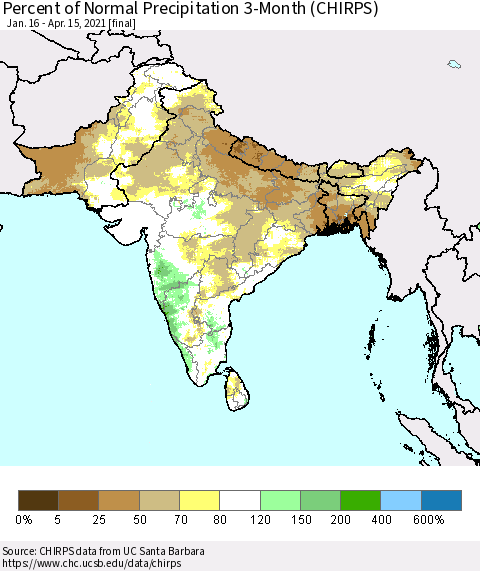 Southern Asia Percent of Normal Precipitation 3-Month (CHIRPS) Thematic Map For 1/16/2021 - 4/15/2021