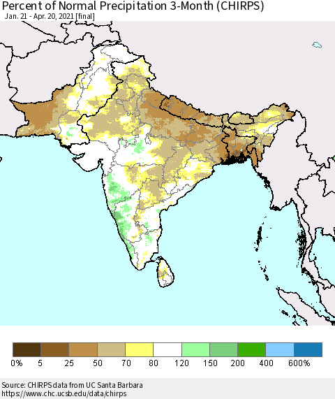 Southern Asia Percent of Normal Precipitation 3-Month (CHIRPS) Thematic Map For 1/21/2021 - 4/20/2021