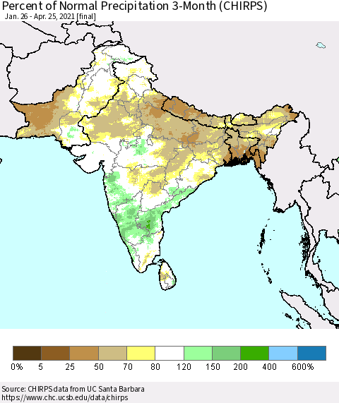 Southern Asia Percent of Normal Precipitation 3-Month (CHIRPS) Thematic Map For 1/26/2021 - 4/25/2021
